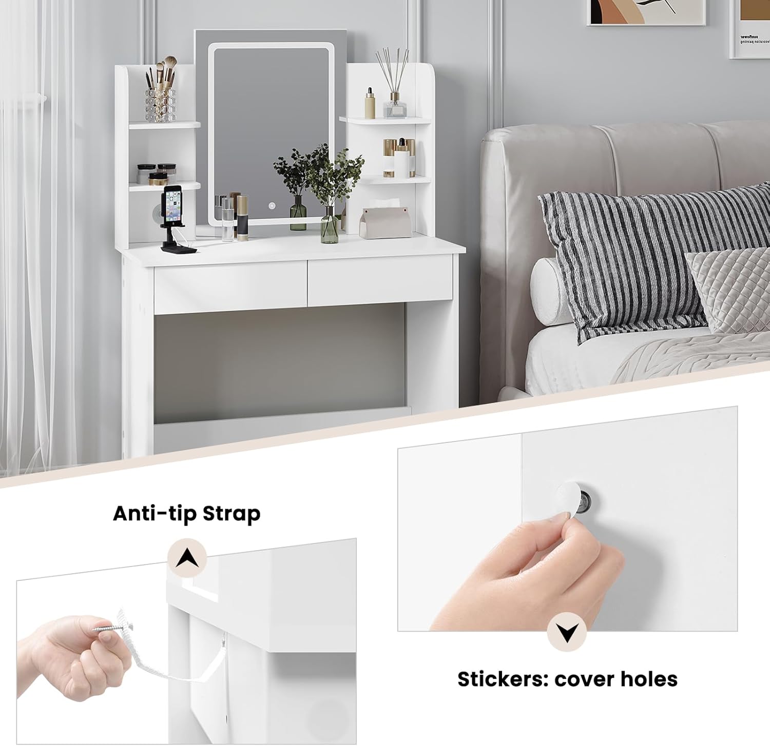 WOLTU LED Lighting Vanity Table, Adjustable Brightness, 2 USB Ports, Dressing Table Vanity Table with Mirror, 2 Drawers, 4 Open Shelves, Dressing Table for Bedroom, White MB6112ws