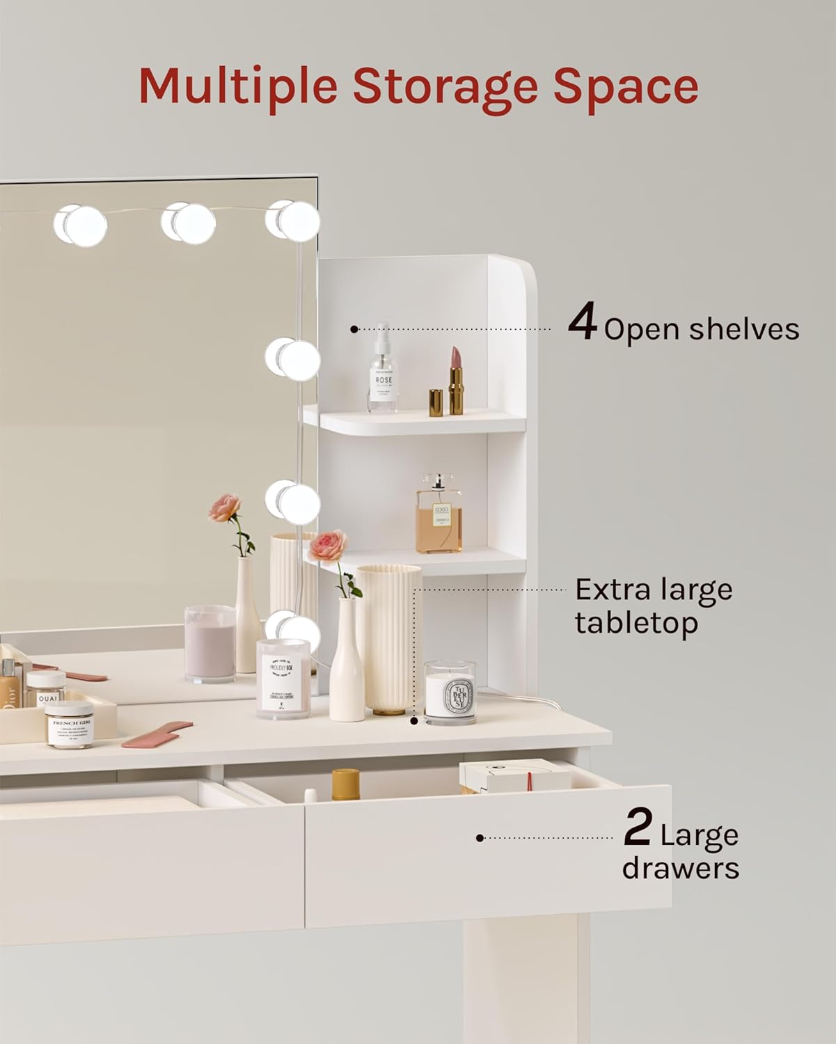 WOLTU LED Lighting Vanity Table, Adjustable Brightness, 2 USB Ports, Dressing Table Vanity Table with Mirror, 2 Drawers, 4 Open Shelves, Dressing Table for Bedroom, White MB6112ws