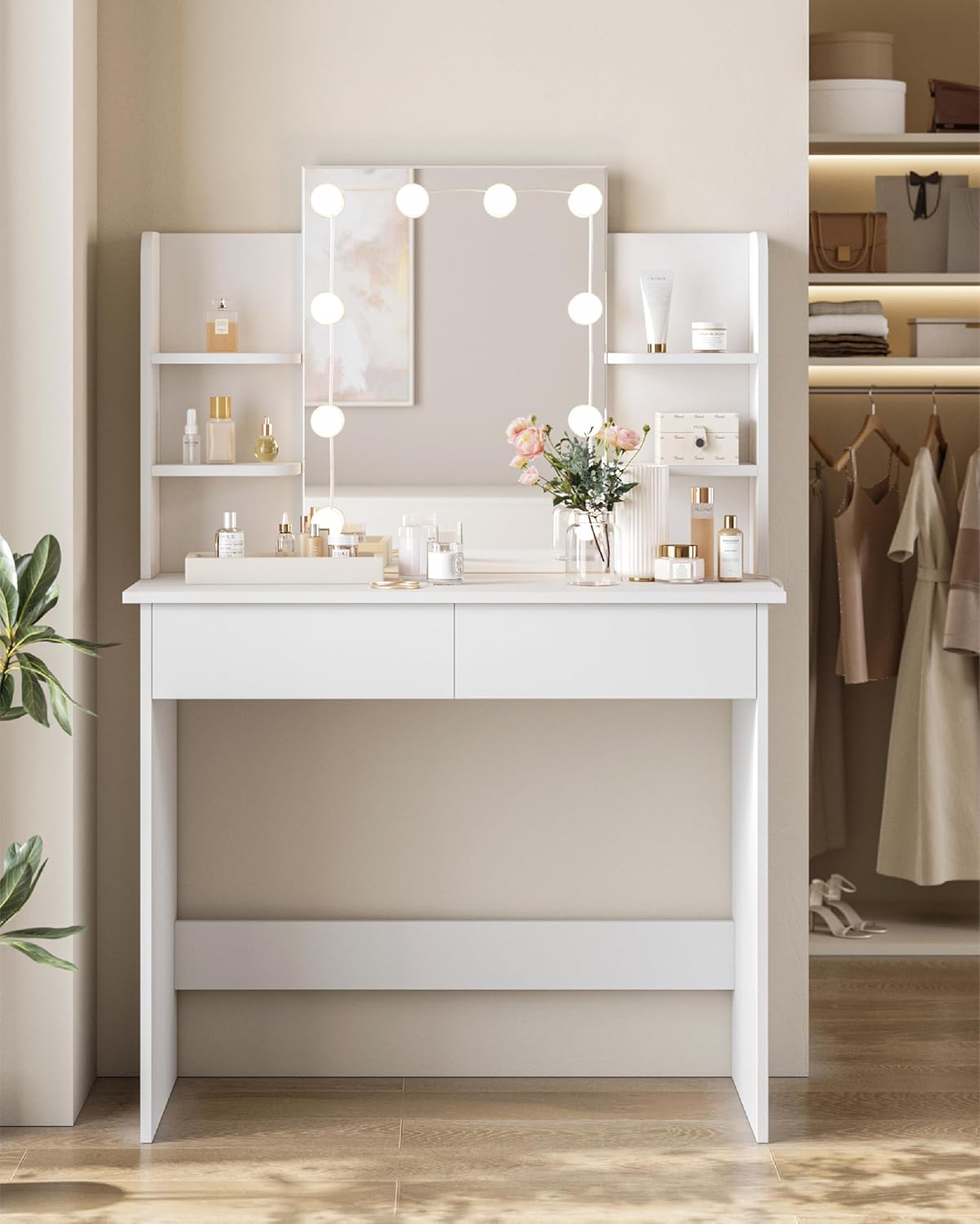 WOLTU LED Lighting Vanity Table, Adjustable Brightness, 2 USB Ports, Dressing Table Vanity Table with Mirror, 2 Drawers, 4 Open Shelves, Dressing Table for Bedroom, White MB6112ws