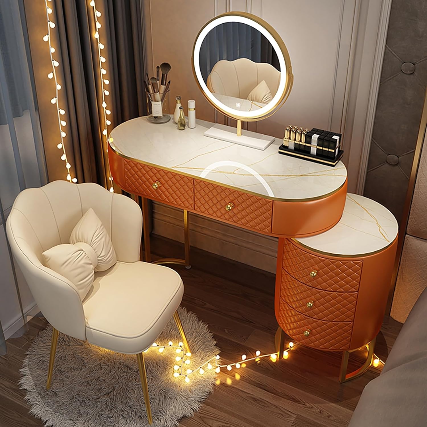 WHXTYFCL Dressing Table with Lights Mirror, Modern White Makeup Vanity Table, Makeup Vanity Table with 5 Drawers, 3 Color Light Adjustable Brightness, for Home Bedroom Decor(White,80cm/31in)
