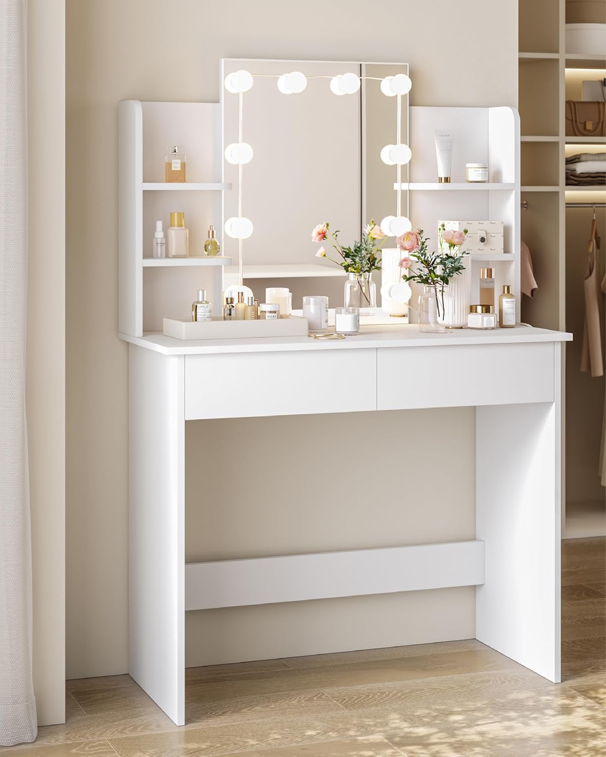 WOLTU LED Lighting Vanity Table, Adjustable Brightness, 2 USB Ports, Dressing Table Vanity Table with Mirror, 2 Drawers, 4 Open Shelves, Dressing Table for Bedroom, White MB6112ws