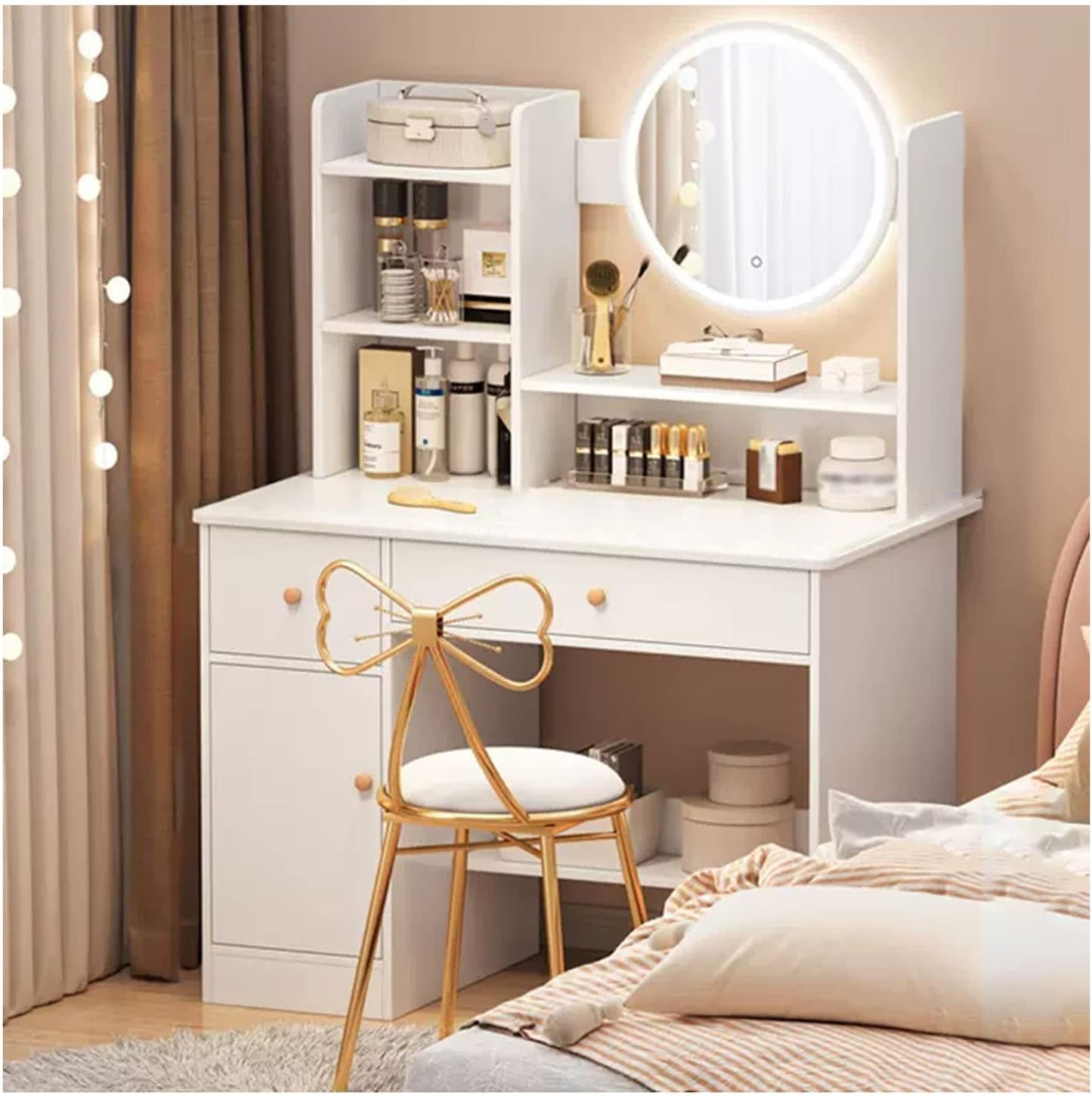 Makeup Vanity Desk with Lights Mirror, 3 Lighting Colors Brightness Adjustable, White Vanity Set Makeup Table with 2 Drawers, Cabinets and Multiple Shelves, Large Vanity 31.5in(L)