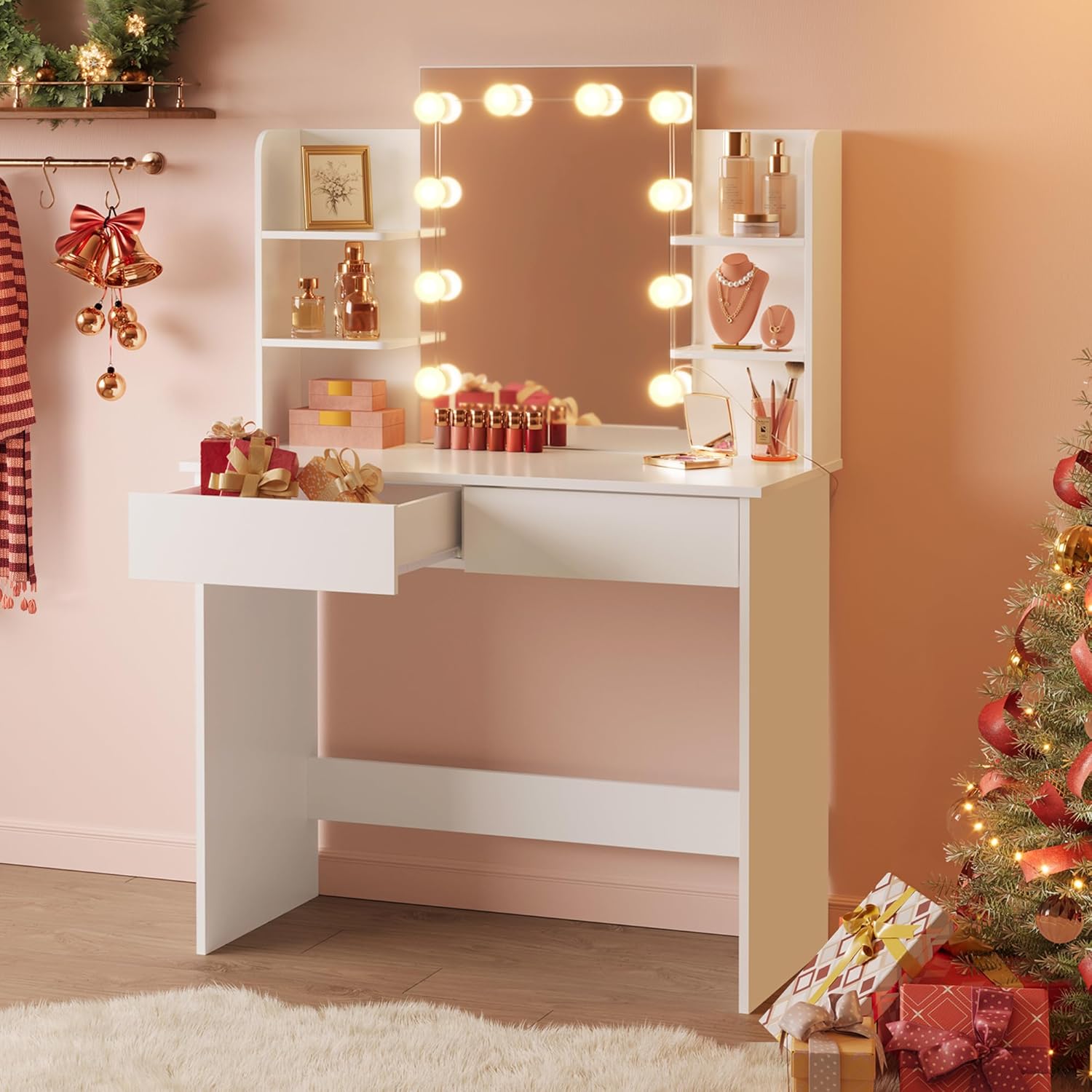 WOLTU LED Lighting Vanity Table, Adjustable Brightness, 2 USB Ports, Dressing Table Vanity Table with Mirror, 2 Drawers, 4 Open Shelves, Dressing Table for Bedroom, White MB6112ws