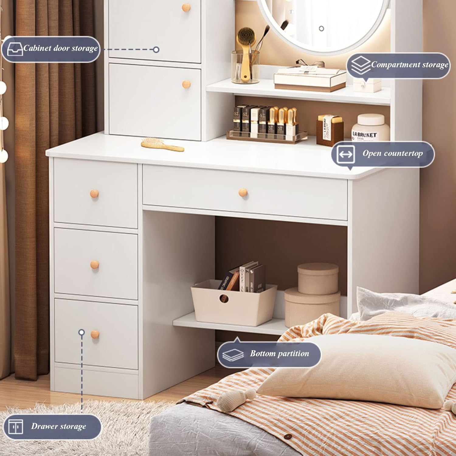 Makeup Vanity Desk with Lights Mirror, 3 Lighting Colors Brightness Adjustable, White Vanity Set Makeup Table with 2 Drawers, Cabinets and Multiple Shelves, Large Vanity 31.5in(L)