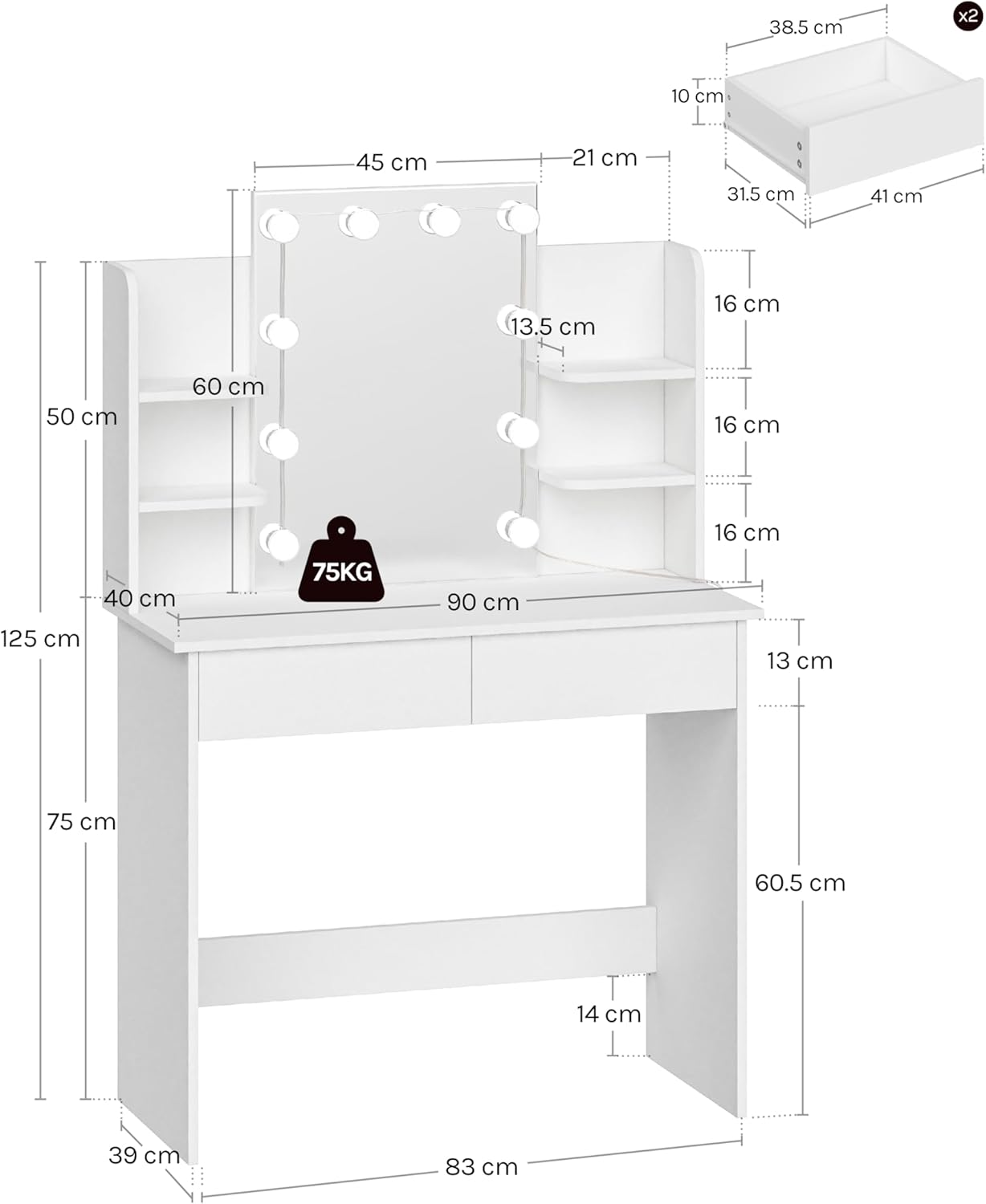 WOLTU LED Lighting Vanity Table, Adjustable Brightness, 2 USB Ports, Dressing Table Vanity Table with Mirror, 2 Drawers, 4 Open Shelves, Dressing Table for Bedroom, White MB6112ws