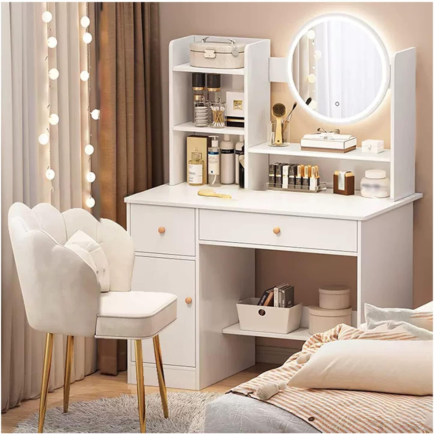 Makeup Vanity Desk with Lights Mirror, 3 Lighting Colors Brightness Adjustable, White Vanity Set Makeup Table with 2 Drawers, Cabinets and Multiple Shelves, Large Vanity 31.5in(L)