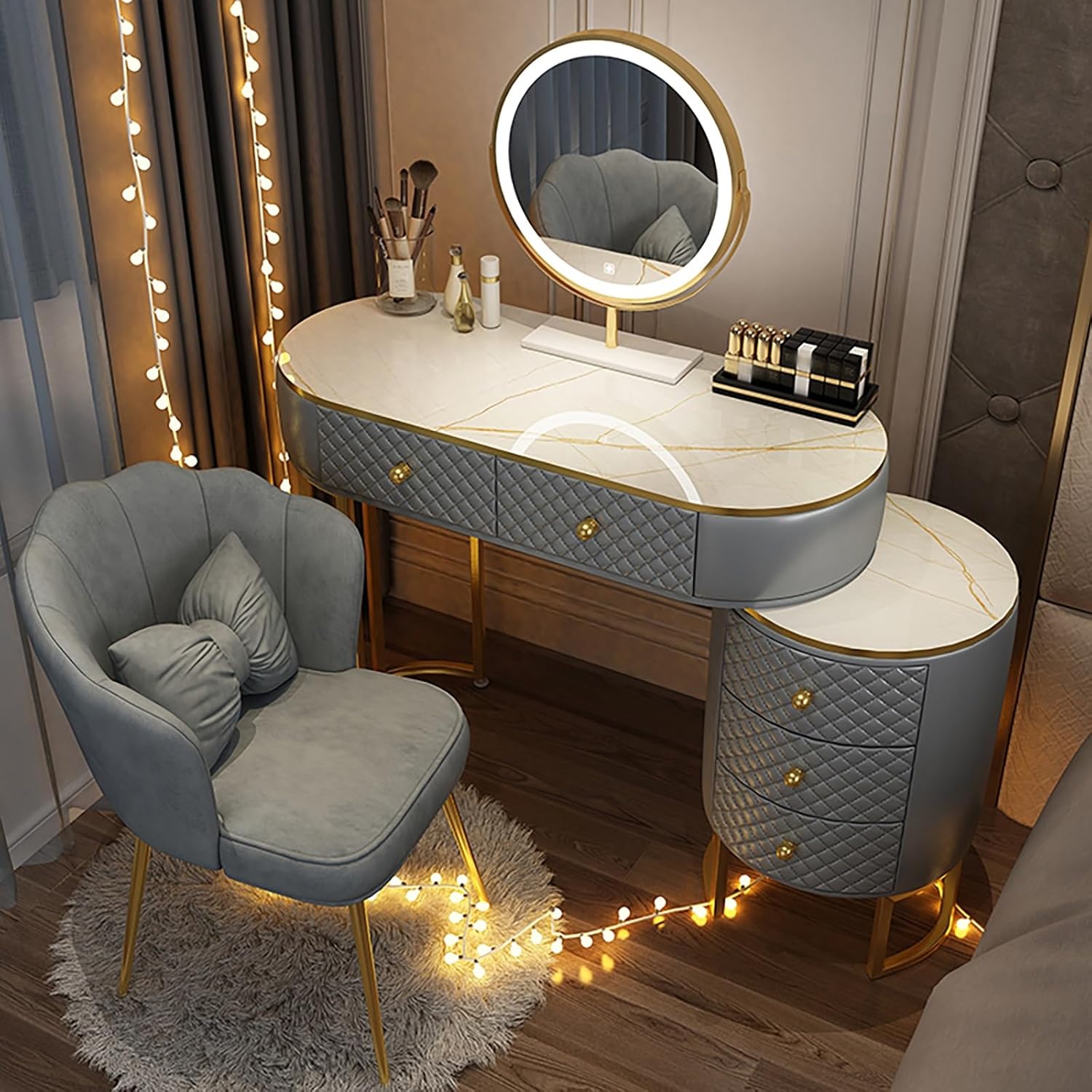 WHXTYFCL Dressing Table with Lights Mirror, Modern White Makeup Vanity Table, Makeup Vanity Table with 5 Drawers, 3 Color Light Adjustable Brightness, for Home Bedroom Decor(White,80cm/31in)