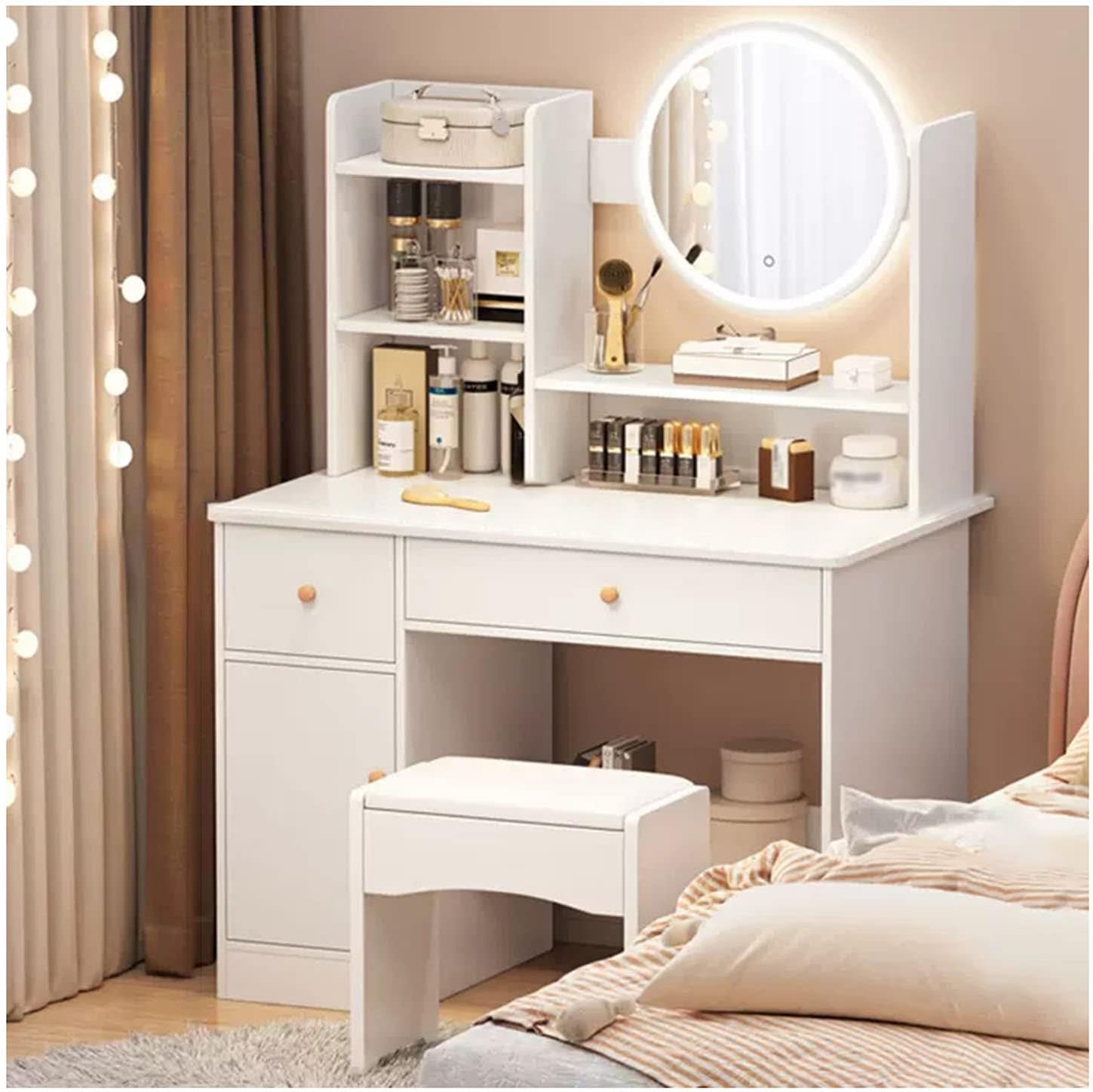 Makeup Vanity Desk with Lights Mirror, 3 Lighting Colors Brightness Adjustable, White Vanity Set Makeup Table with 2 Drawers, Cabinets and Multiple Shelves, Large Vanity 31.5in(L)