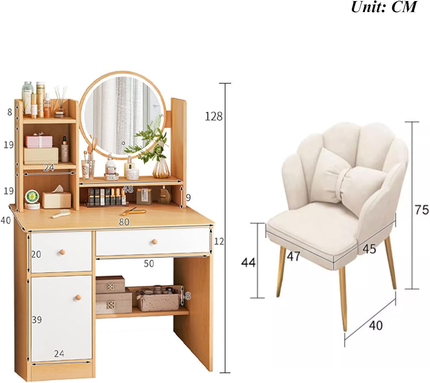 Makeup Vanity Desk with Lights Mirror, 3 Lighting Colors Brightness Adjustable, White Vanity Set Makeup Table with 2 Drawers, Cabinets and Multiple Shelves, Large Vanity 31.5in(L)