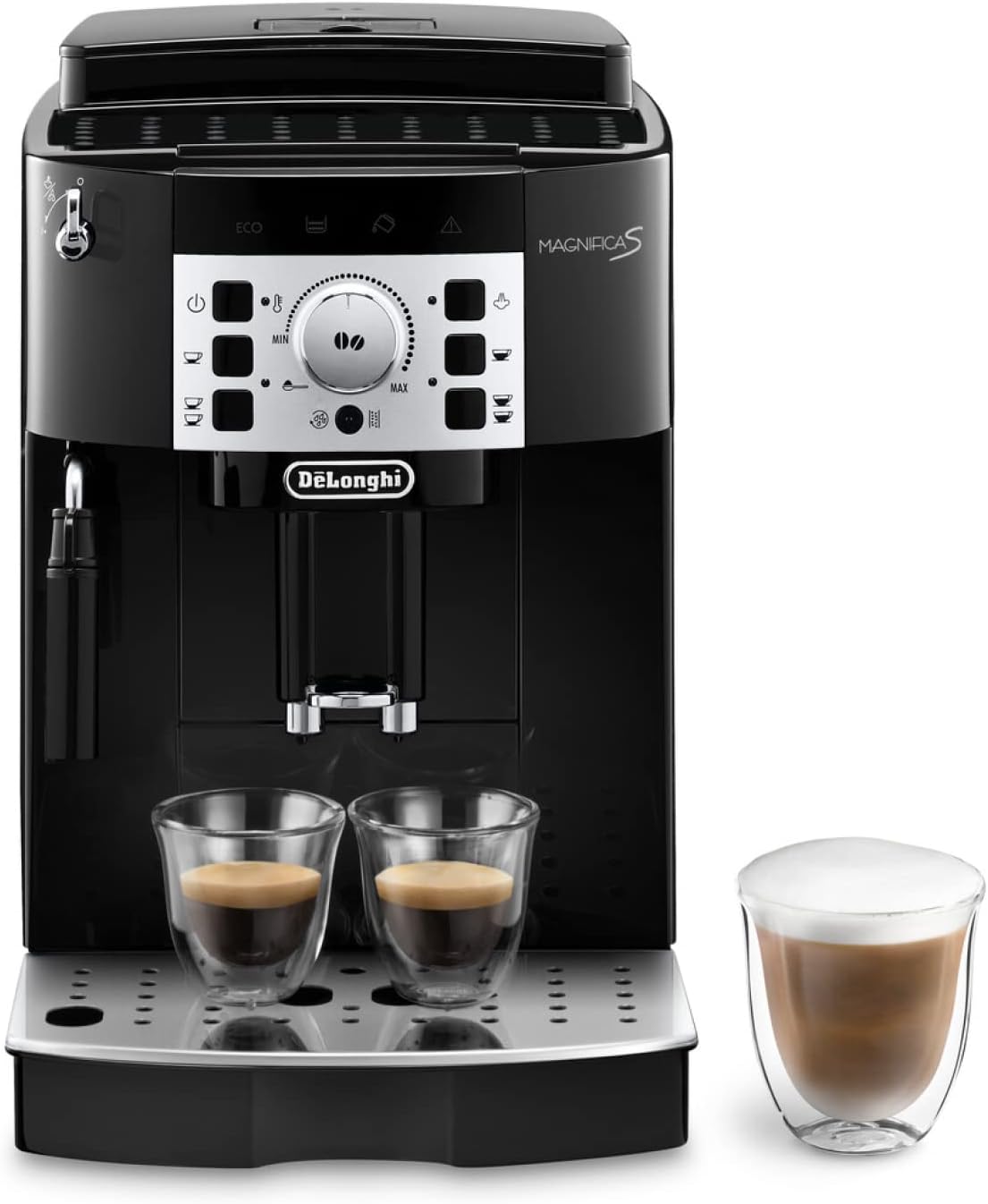 De'Longhi Magnifica S ECAM 22.110.B fully automatic coffee machine with milk frother for cappuccino, with espresso direct selection buttons and rotary control, 2-cup function, 1.8 liter water tank, black / silver