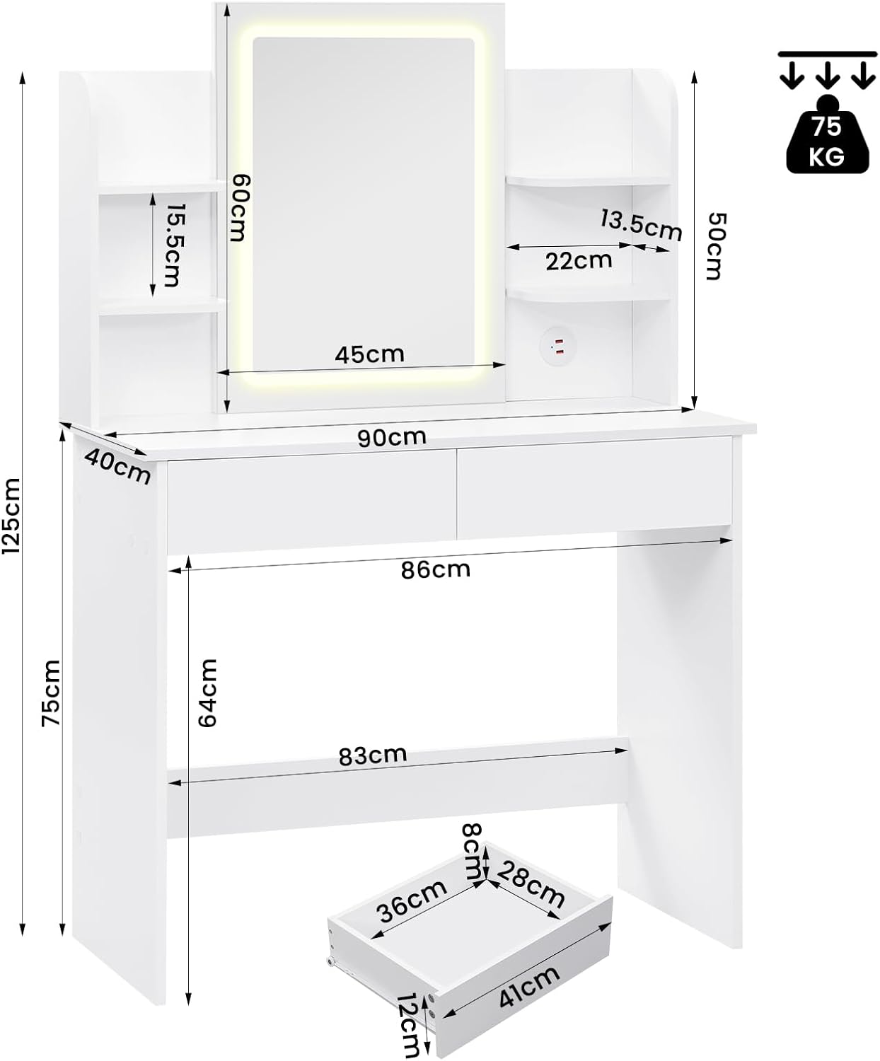WOLTU LED Lighting Vanity Table, Adjustable Brightness, 2 USB Ports, Dressing Table Vanity Table with Mirror, 2 Drawers, 4 Open Shelves, Dressing Table for Bedroom, White MB6112ws