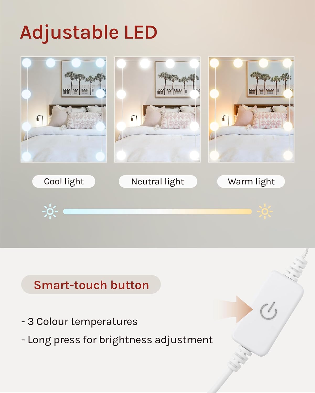 WOLTU LED Lighting Vanity Table, Adjustable Brightness, 2 USB Ports, Dressing Table Vanity Table with Mirror, 2 Drawers, 4 Open Shelves, Dressing Table for Bedroom, White MB6112ws