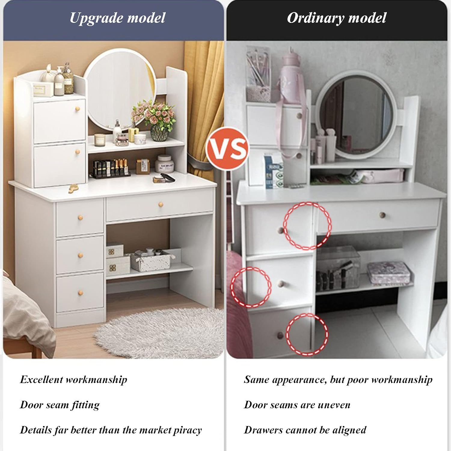 Makeup Vanity Desk with Lights Mirror, 3 Lighting Colors Brightness Adjustable, White Vanity Set Makeup Table with 2 Drawers, Cabinets and Multiple Shelves, Large Vanity 31.5in(L)