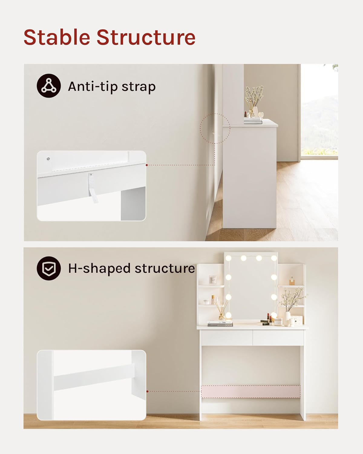 WOLTU LED Lighting Vanity Table, Adjustable Brightness, 2 USB Ports, Dressing Table Vanity Table with Mirror, 2 Drawers, 4 Open Shelves, Dressing Table for Bedroom, White MB6112ws