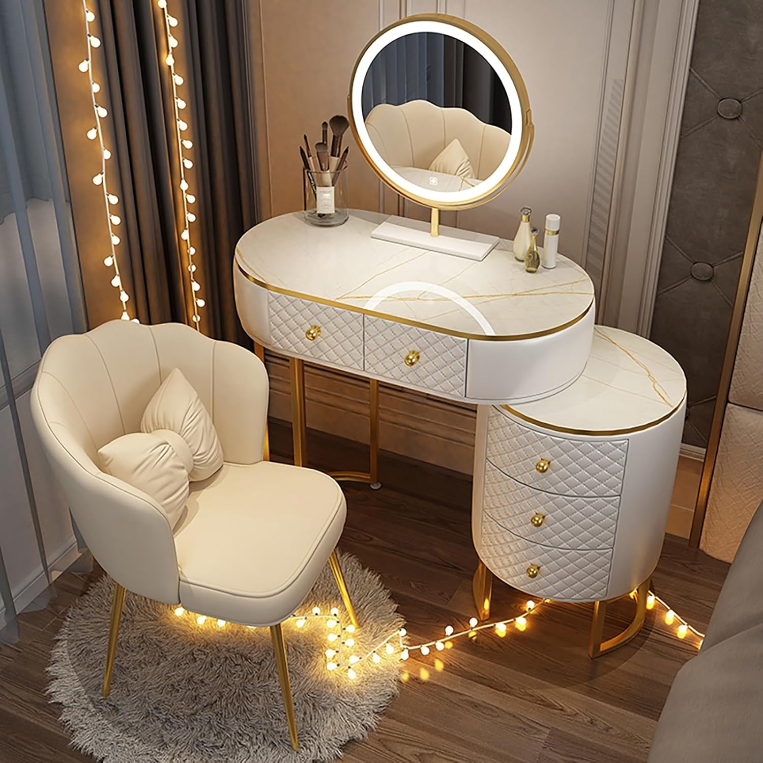 WHXTYFCL Dressing Table with Lights Mirror, Modern White Makeup Vanity Table, Makeup Vanity Table with 5 Drawers, 3 Color Light Adjustable Brightness, for Home Bedroom Decor(White,80cm/31in)