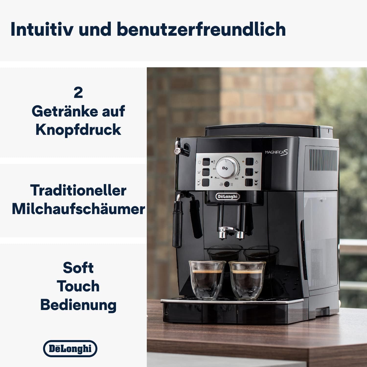 De'Longhi Magnifica S ECAM 22.110.B fully automatic coffee machine with milk frother for cappuccino, with espresso direct selection buttons and rotary control, 2-cup function, 1.8 liter water tank, black / silver