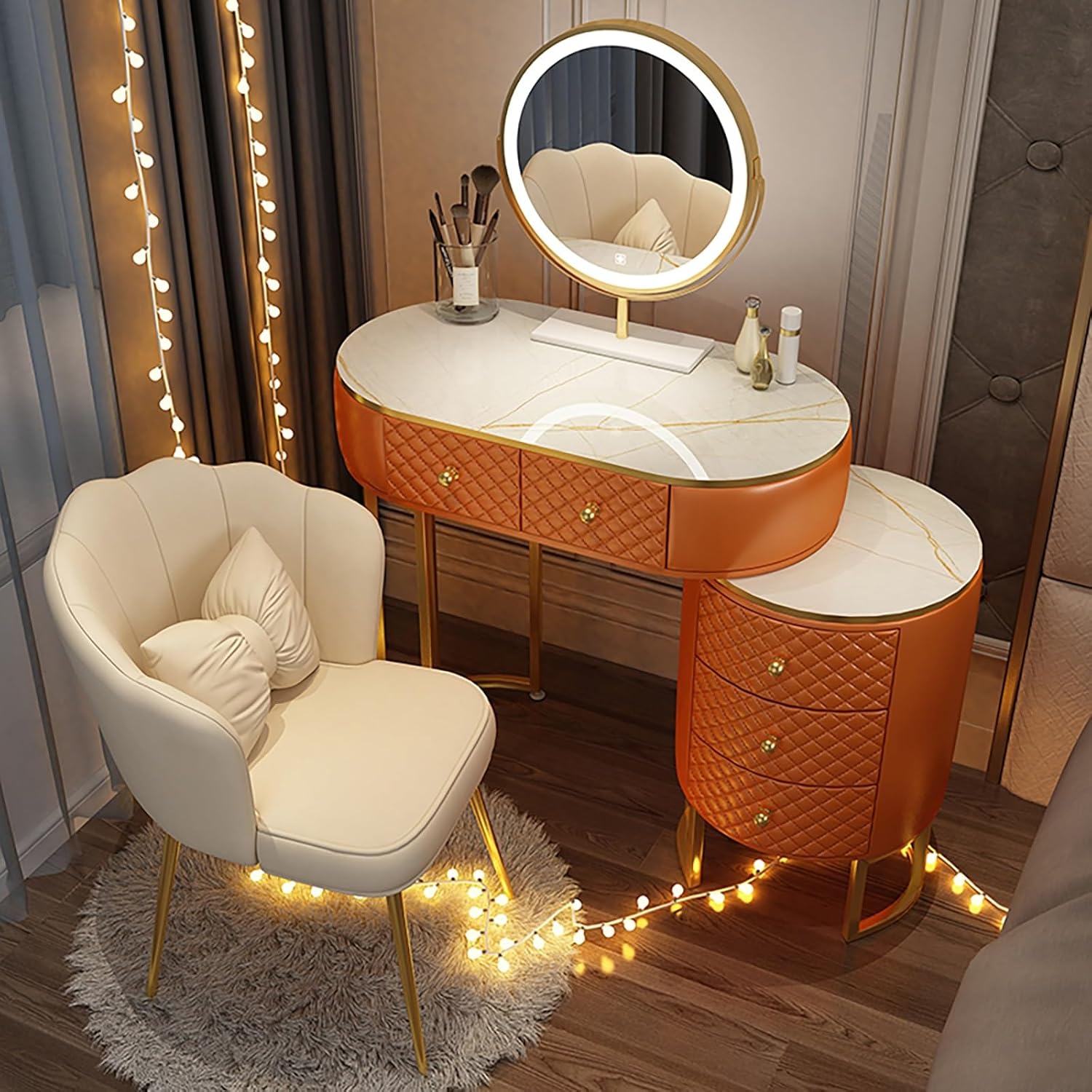 WHXTYFCL Dressing Table with Lights Mirror, Modern White Makeup Vanity Table, Makeup Vanity Table with 5 Drawers, 3 Color Light Adjustable Brightness, for Home Bedroom Decor(White,80cm/31in)