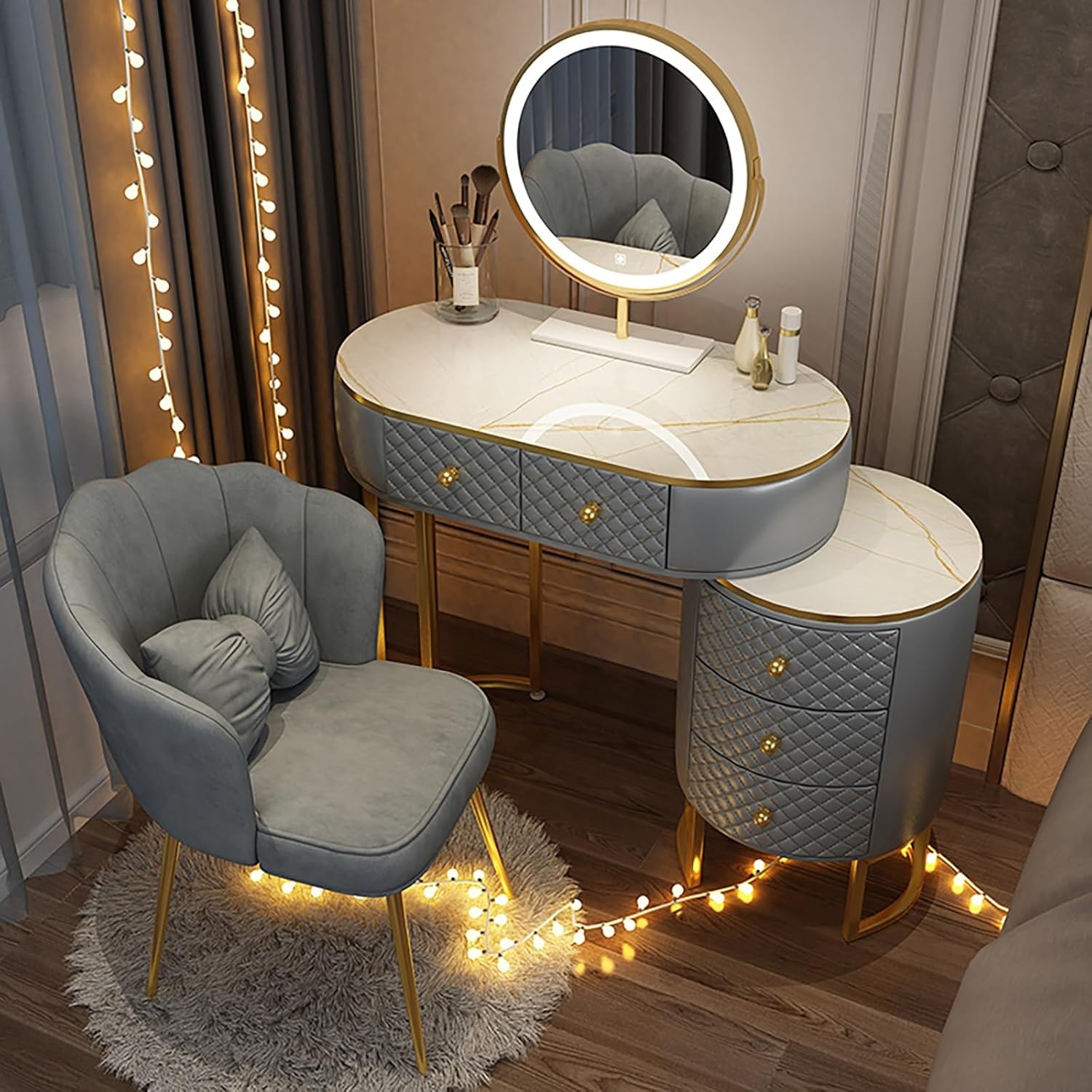 WHXTYFCL Dressing Table with Lights Mirror, Modern White Makeup Vanity Table, Makeup Vanity Table with 5 Drawers, 3 Color Light Adjustable Brightness, for Home Bedroom Decor(White,80cm/31in)