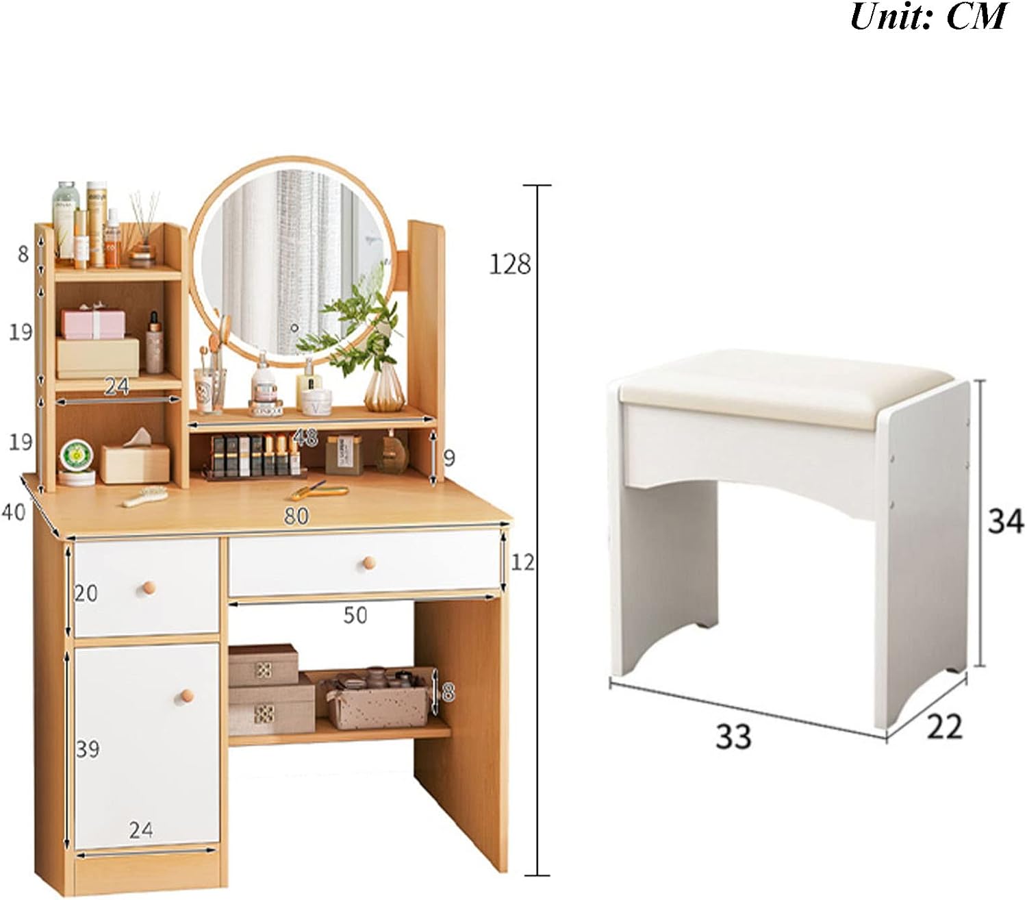 Makeup Vanity Desk with Lights Mirror, 3 Lighting Colors Brightness Adjustable, White Vanity Set Makeup Table with 2 Drawers, Cabinets and Multiple Shelves, Large Vanity 31.5in(L)