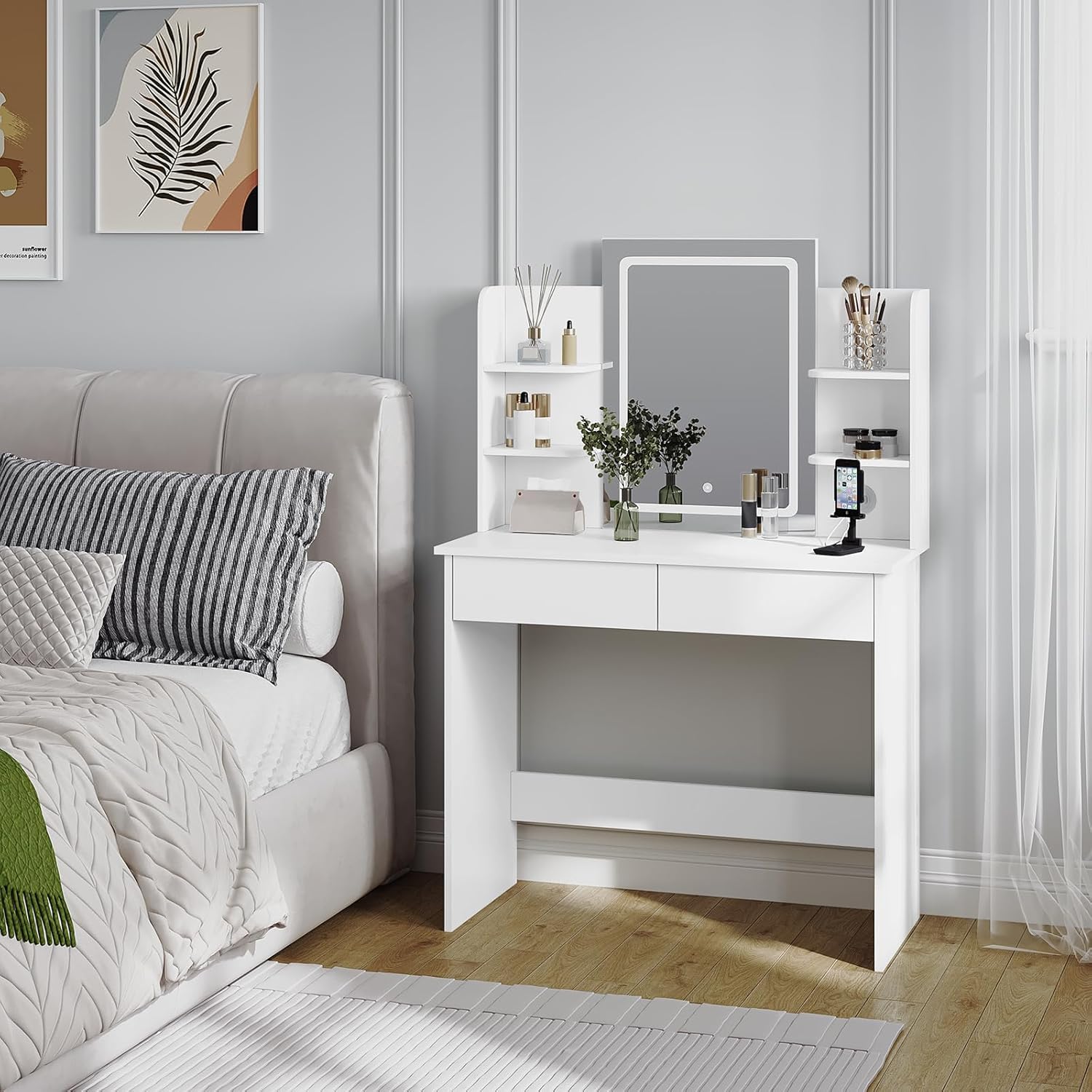 WOLTU LED Lighting Vanity Table, Adjustable Brightness, 2 USB Ports, Dressing Table Vanity Table with Mirror, 2 Drawers, 4 Open Shelves, Dressing Table for Bedroom, White MB6112ws