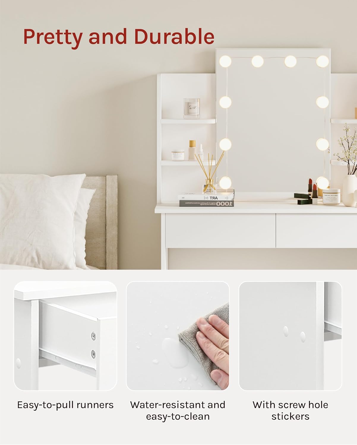 WOLTU LED Lighting Vanity Table, Adjustable Brightness, 2 USB Ports, Dressing Table Vanity Table with Mirror, 2 Drawers, 4 Open Shelves, Dressing Table for Bedroom, White MB6112ws