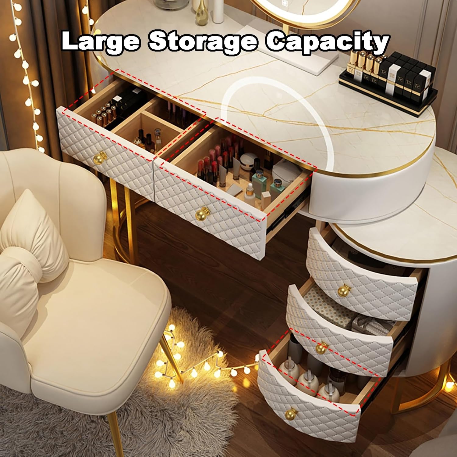 WHXTYFCL Dressing Table with Lights Mirror, Modern White Makeup Vanity Table, Makeup Vanity Table with 5 Drawers, 3 Color Light Adjustable Brightness, for Home Bedroom Decor(White,80cm/31in)