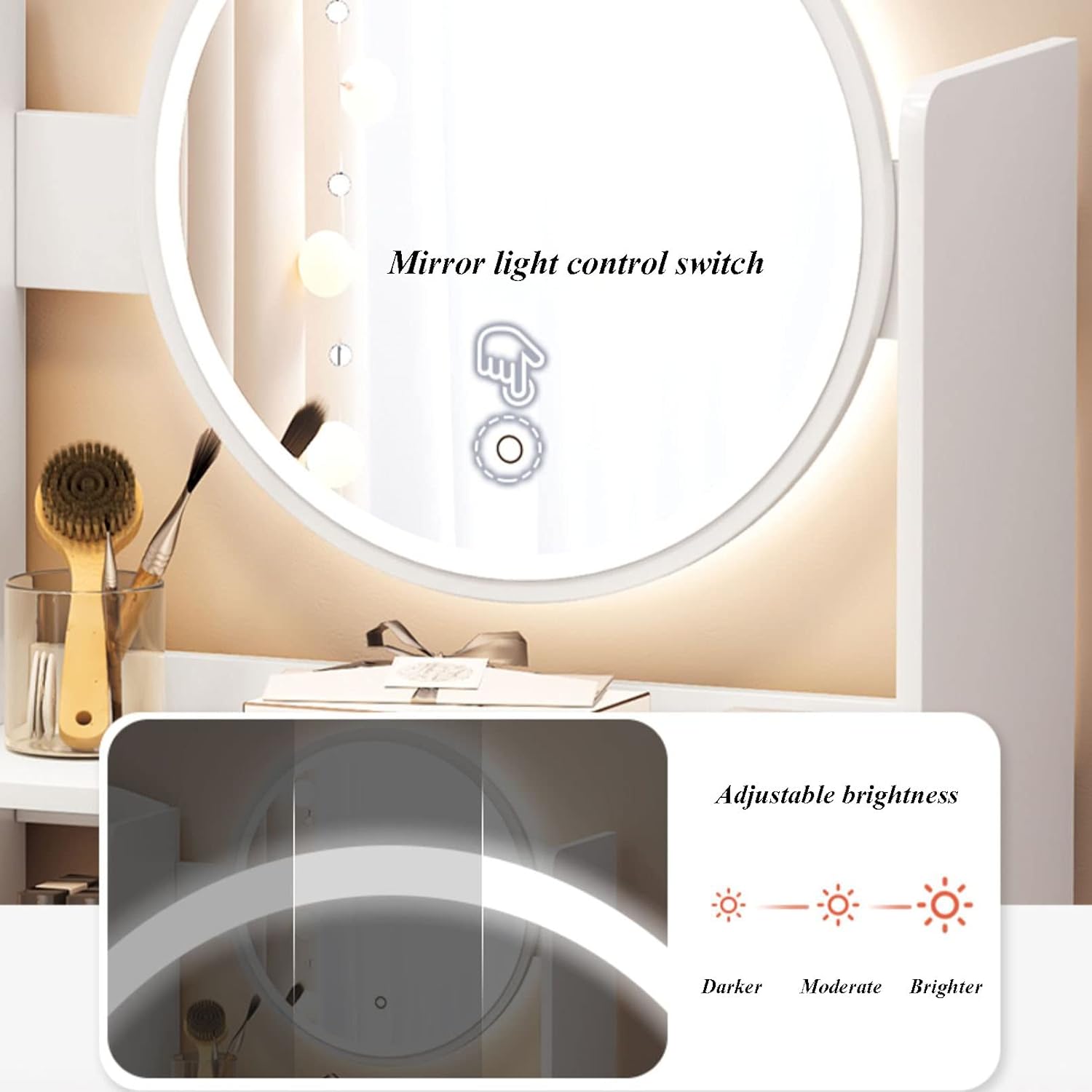 Makeup Vanity Desk with Lights Mirror, 3 Lighting Colors Brightness Adjustable, White Vanity Set Makeup Table with 2 Drawers, Cabinets and Multiple Shelves, Large Vanity 31.5in(L)