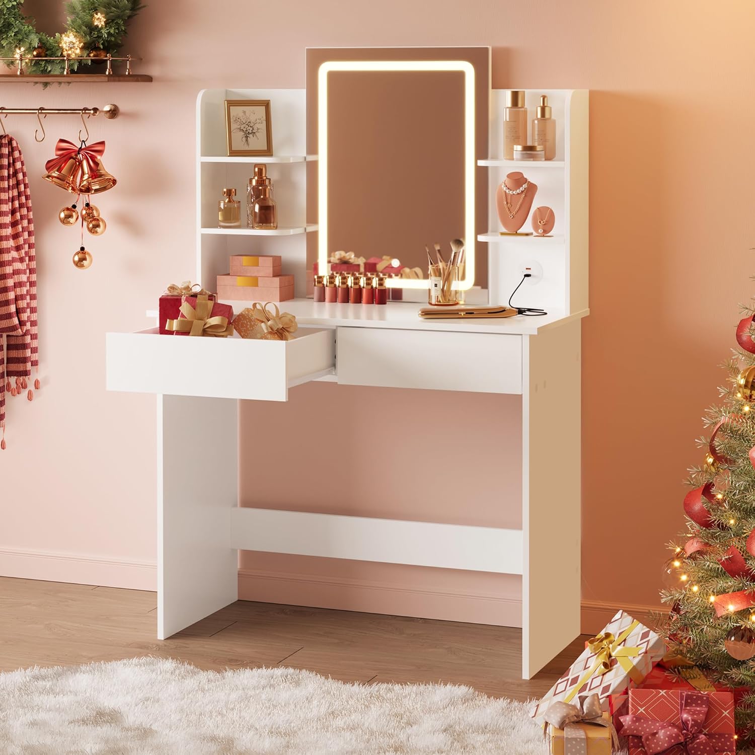 WOLTU LED Lighting Vanity Table, Adjustable Brightness, 2 USB Ports, Dressing Table Vanity Table with Mirror, 2 Drawers, 4 Open Shelves, Dressing Table for Bedroom, White MB6112ws