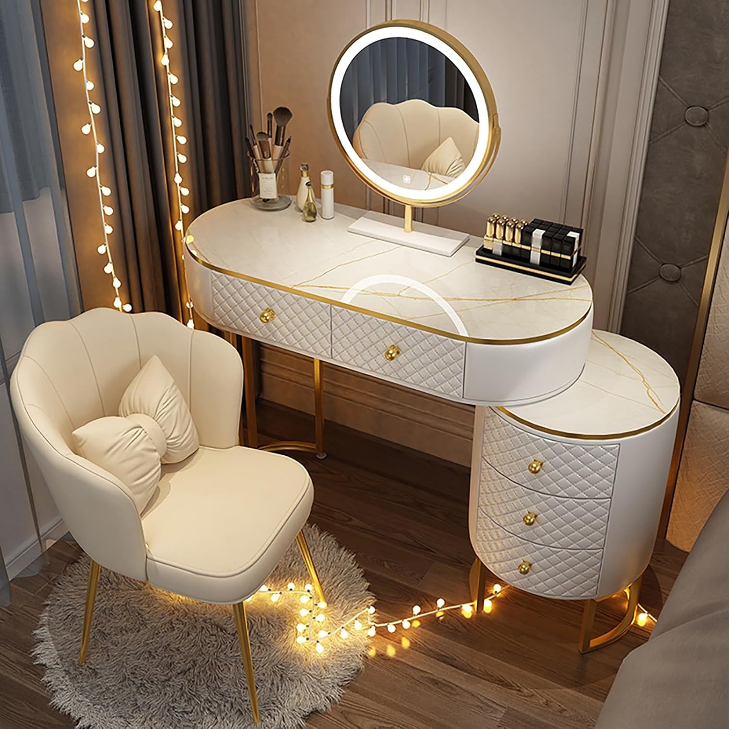 WHXTYFCL Dressing Table with Lights Mirror, Modern White Makeup Vanity Table, Makeup Vanity Table with 5 Drawers, 3 Color Light Adjustable Brightness, for Home Bedroom Decor(White,80cm/31in)