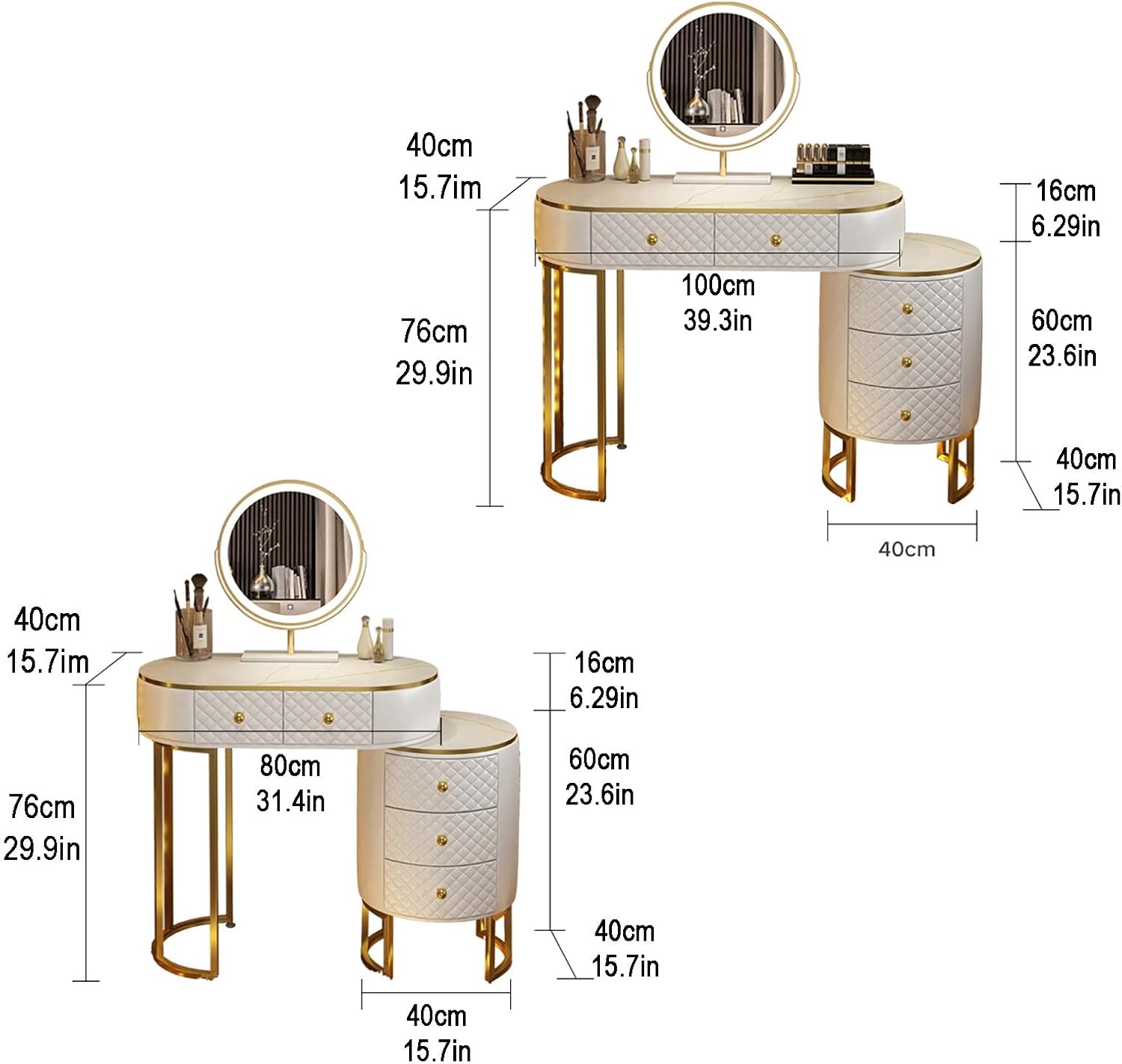 WHXTYFCL Dressing Table with Lights Mirror, Modern White Makeup Vanity Table, Makeup Vanity Table with 5 Drawers, 3 Color Light Adjustable Brightness, for Home Bedroom Decor(White,80cm/31in)