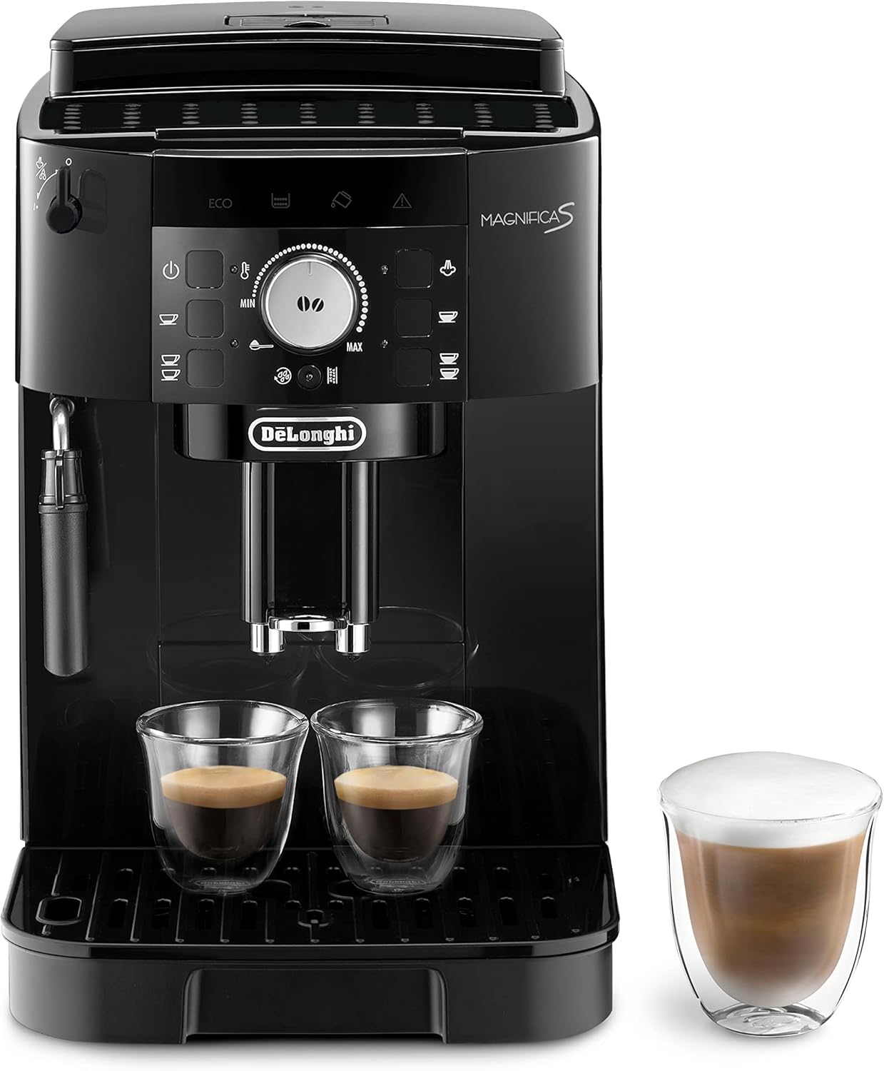 De'Longhi Magnifica S ECAM 22.110.B fully automatic coffee machine with milk frother for cappuccino, with espresso direct selection buttons and rotary control, 2-cup function, 1.8 liter water tank, black / silver