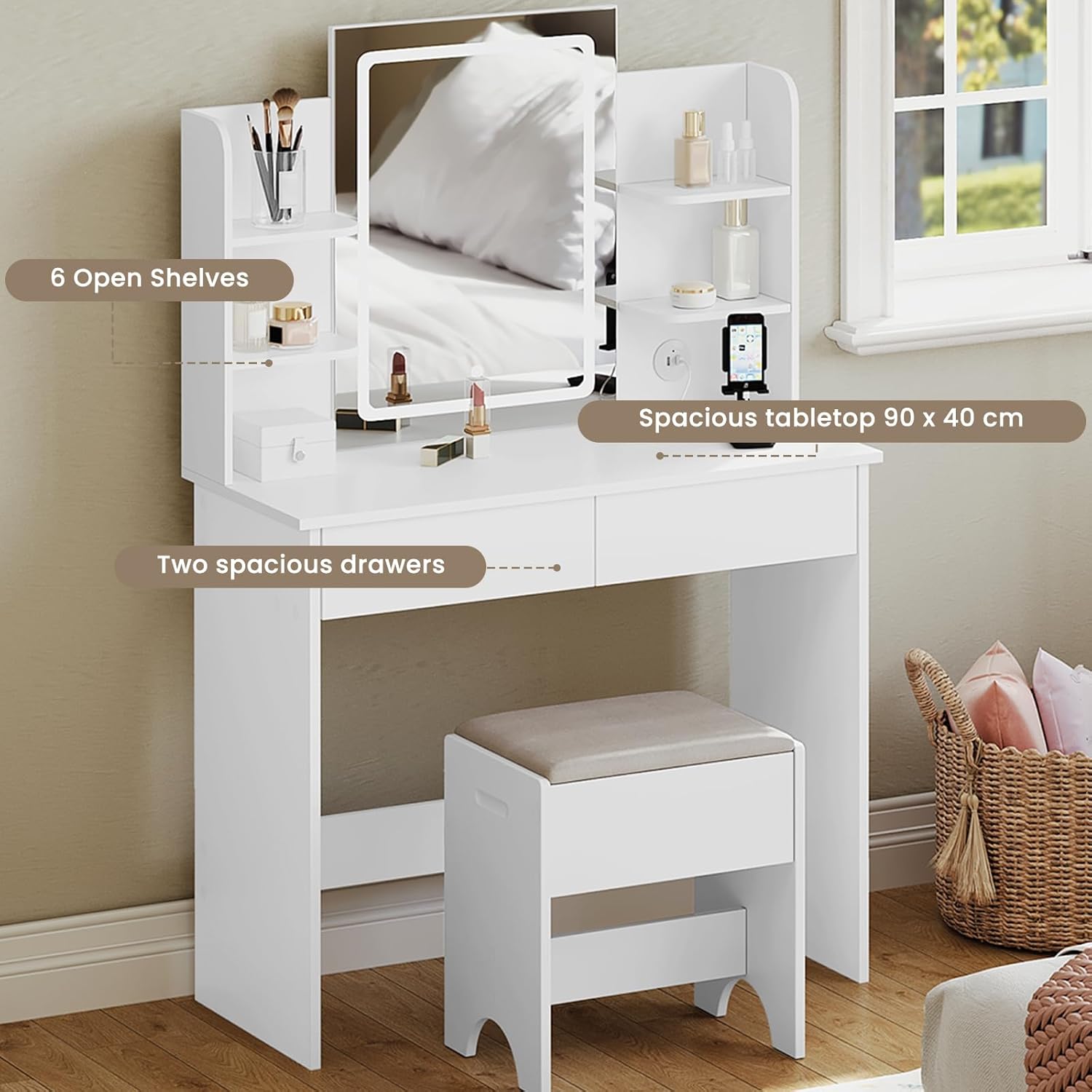 WOLTU LED Lighting Vanity Table, Adjustable Brightness, 2 USB Ports, Dressing Table Vanity Table with Mirror, 2 Drawers, 4 Open Shelves, Dressing Table for Bedroom, White MB6112ws