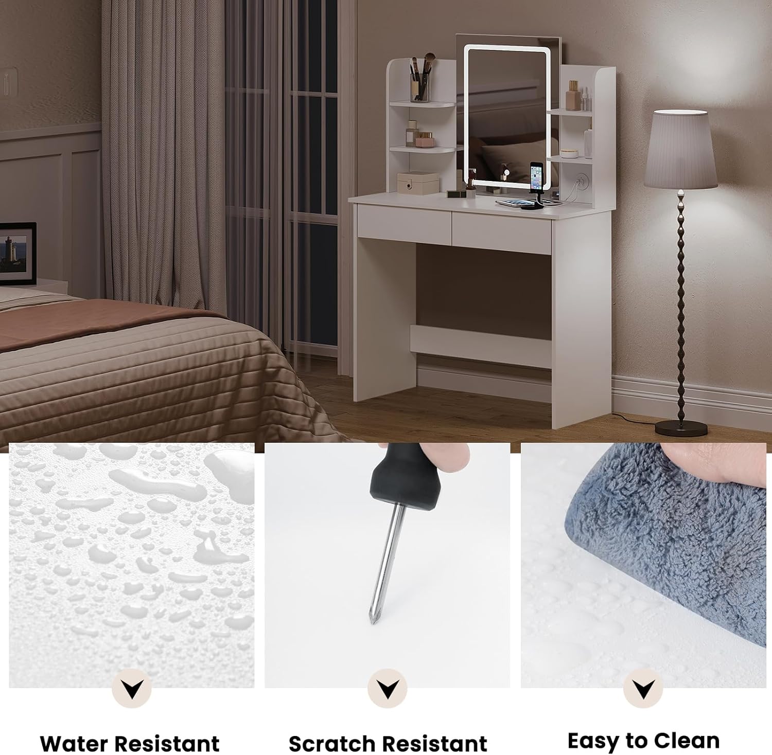 WOLTU LED Lighting Vanity Table, Adjustable Brightness, 2 USB Ports, Dressing Table Vanity Table with Mirror, 2 Drawers, 4 Open Shelves, Dressing Table for Bedroom, White MB6112ws