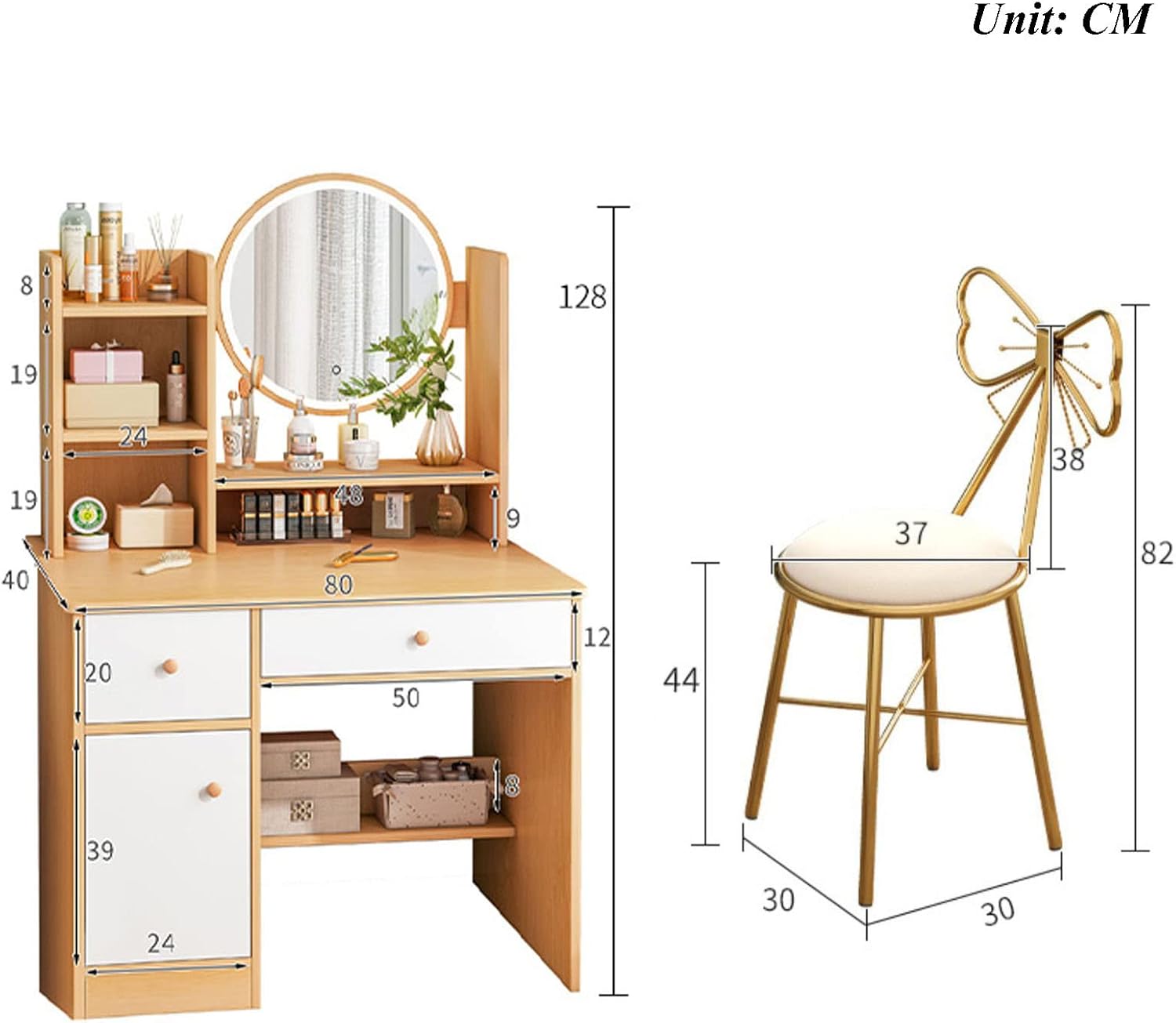 Makeup Vanity Desk with Lights Mirror, 3 Lighting Colors Brightness Adjustable, White Vanity Set Makeup Table with 2 Drawers, Cabinets and Multiple Shelves, Large Vanity 31.5in(L)