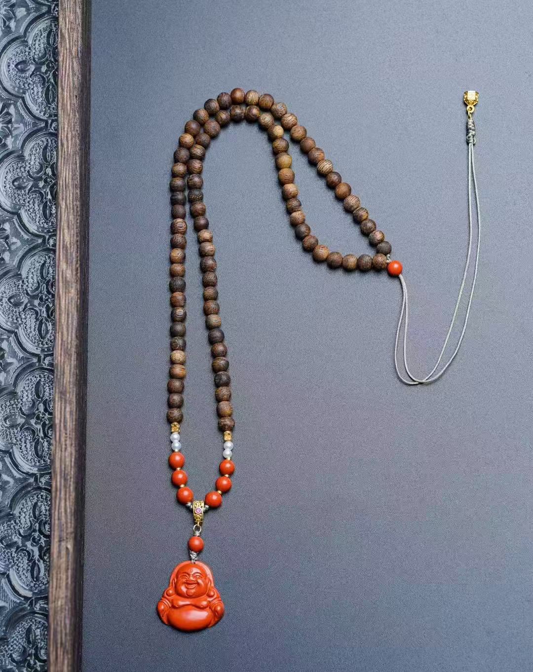 沉香棋楠沉香硃砂彌勒diy原創設計木質文玩手串收藏