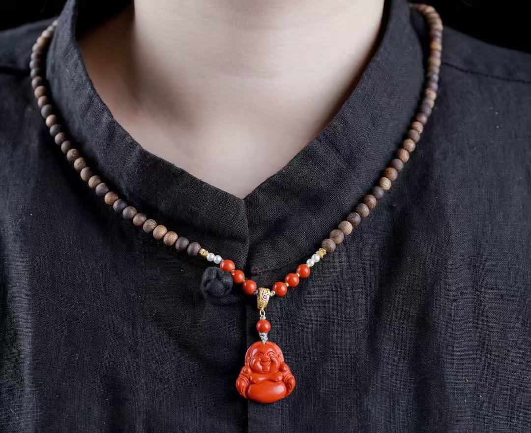 沉香棋楠沉香硃砂彌勒diy原創設計木質文玩手串收藏