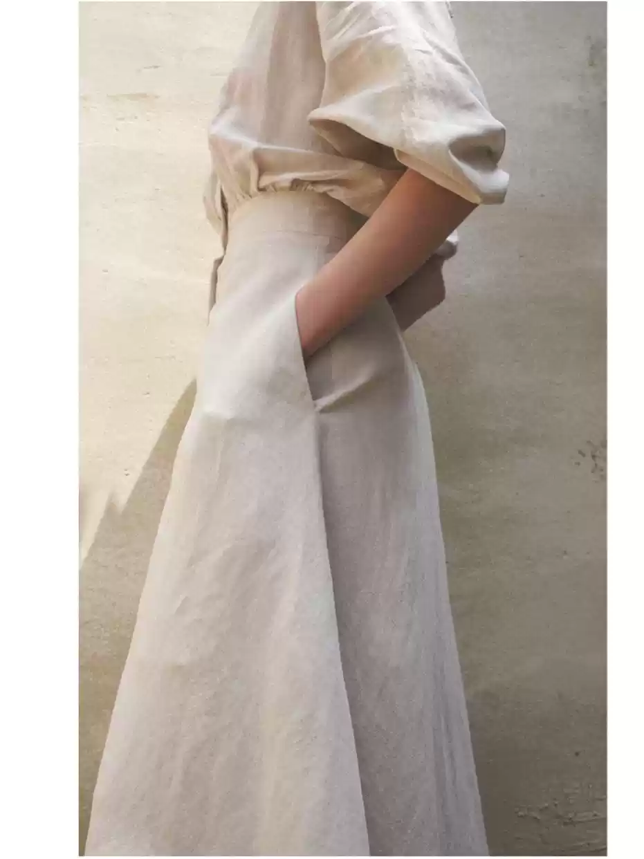 Linen white Bat-sleeve waist A swing slimming long skirt dress