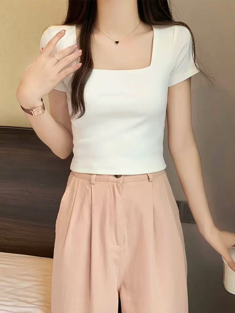 White French square collar short-sleeved T-shirt women's summer new explosive shoulder slim-fit crop short high waist top