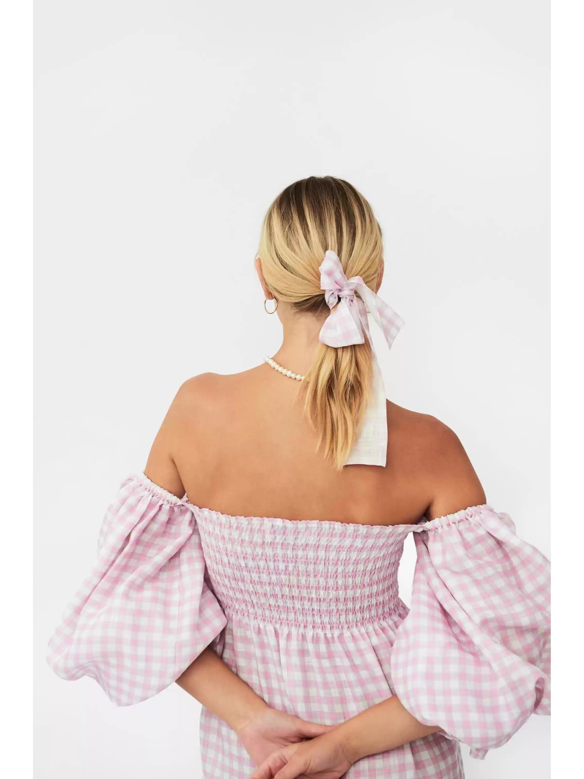 Linen long-sleeved French one-shoulder square collar pink plaid holiday dress