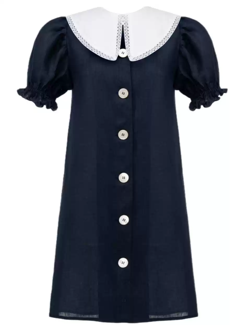 Spring and summer fresh and comfortable single-breasted decorative doll collar detachable short linen dress