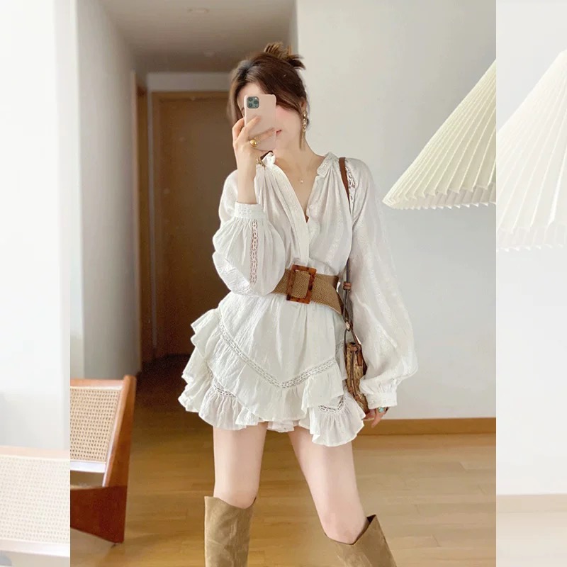 Sensen-style chic Sensen-style small fragrance tea break French white dress shirt bubble sleeve