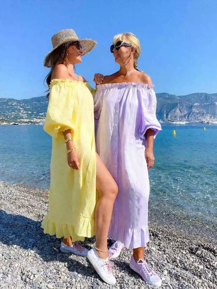 Linen long-sleeved one-line collar two loose shirts home wear holiday dress