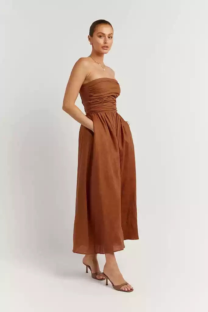 Linen waist cut slits top breast holiday pocket long dress
