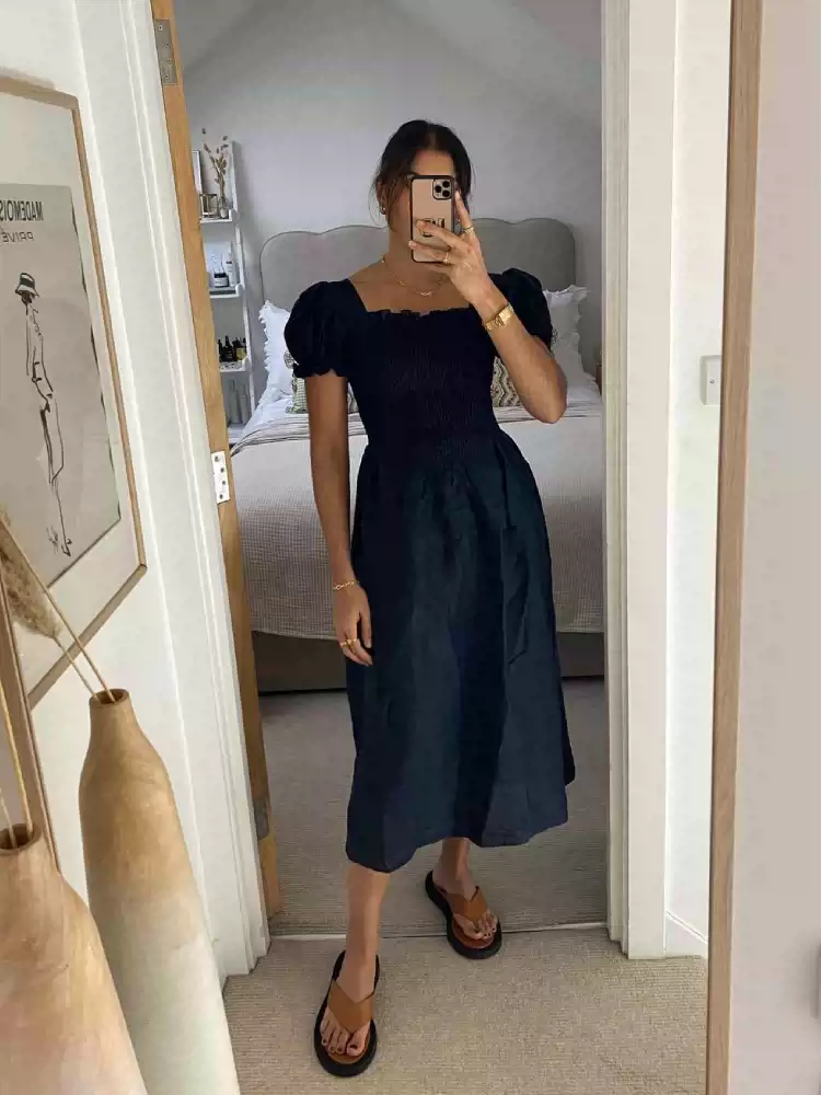 French commuter casual elastic wrap waist stretch slim sweet bubble sleeve linen holiday dress