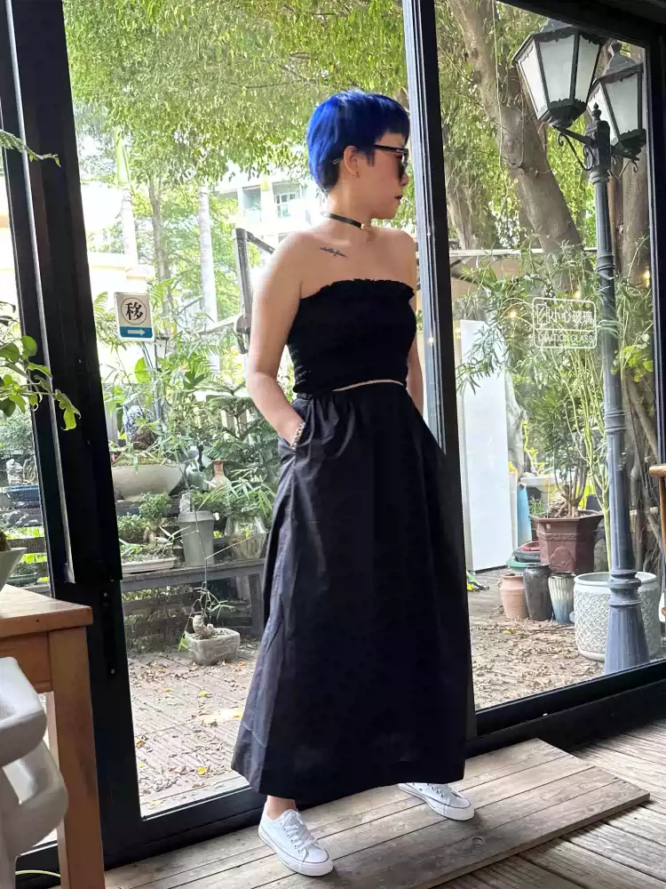 Bare shoulder pocket split skirt bare waist basic holiday style cool girl little black dress dress