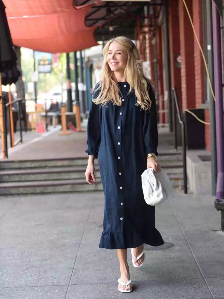 Linen long-sleeved one-line collar two loose shirts home wear holiday dress