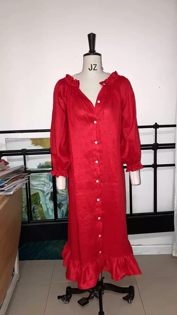 Bright red long-sleeved shirt off shoulder single-breasted linen home dress holiday dress