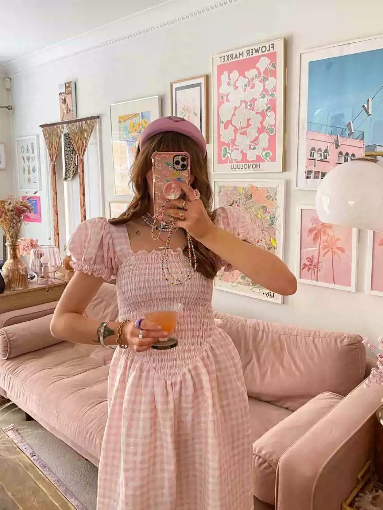 French commuter casual elastic wrap waist stretch slim sweet bubble sleeve linen holiday dress