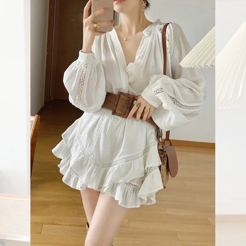 Sensen-style chic Sensen-style small fragrance tea break French white dress shirt bubble sleeve