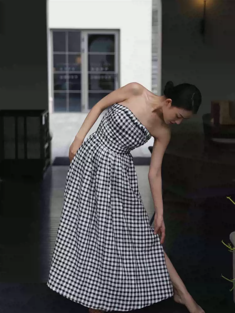 Linen waist cut slits top breast holiday pocket long dress